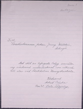 Handskriven ansökan till Stockholms hemsysterskola