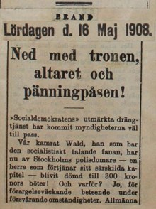 Ned med tronen, altaret och pänningpåsen - pressklipp 1908