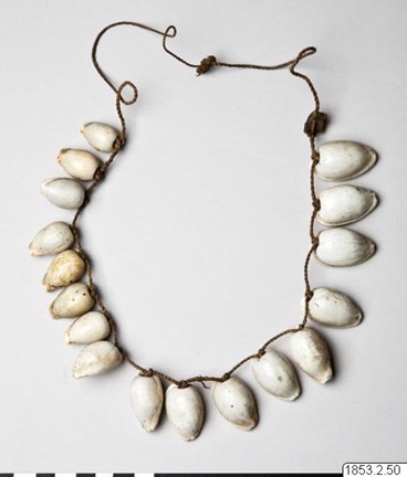 Halsband med femton vita snäckor, trädda på en tvinnad tråd.
