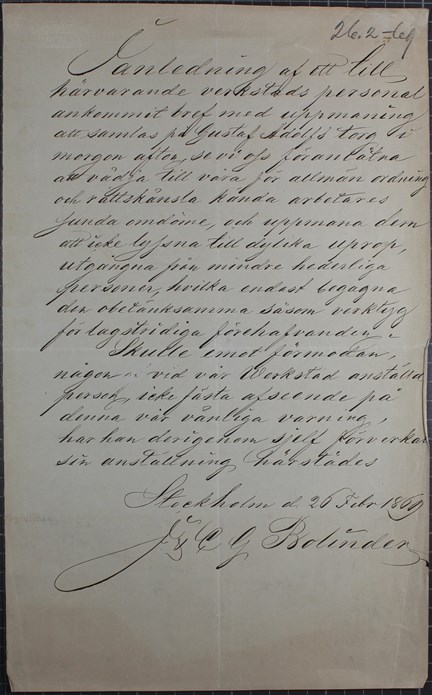 Bolinders varnar sina arbetare för att träffas på Gustaf Adolfs torg 1869