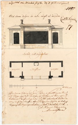 Fasad och planritning i tusch och lavering med flera påskrifter i 1700-tals skrift