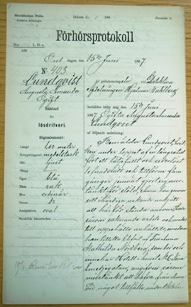 Augusta Amanda Lundqvist häktad för lösdriveri 15 juni 1887 – polisförhör