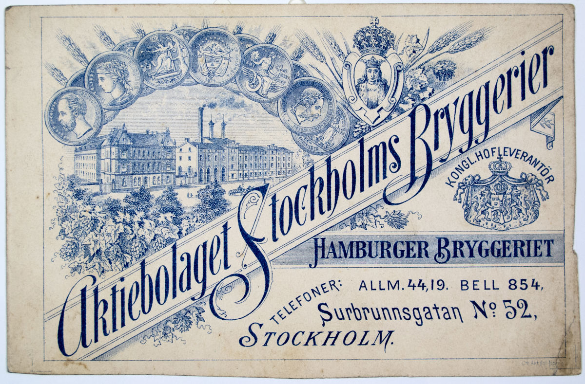 Reklamtryck. Aktiebolaget Stockholms Bryggerier. Hamburgerbryggeriet ...