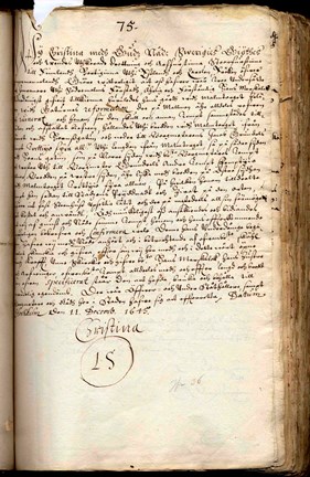 Drottning Kristinas brev till stadens myndigheter angående en tomt vid Södermalmstorg