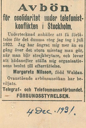 Avbön från strejkbrytare efter telefoniststrejken 1922