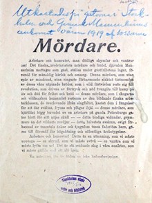 "Mördare." - pamflett om Gustaf Mannerheim inför dennes Stockholmsbesök 1919   