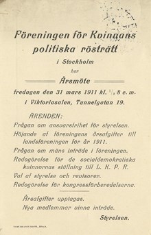 Årsmöte för Landsföreningen för kvinnans politiska rösträtt LKPR - 1911 