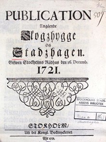 "Publication angående Skogzhygge och Stadzhagen" 1721