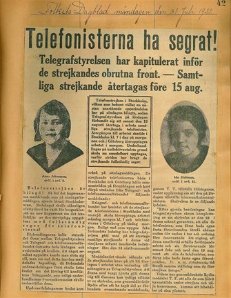 Telefoniststrejken över. Folkets dagblad 31 juli 1922.