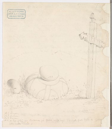 Teckning av tre stenklot och ett träkors.