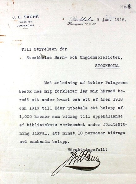 Josef Sachs lovar att ge ekonomiskt bistånd till Stockholms barn- och ungdomsbibliotek 1918 