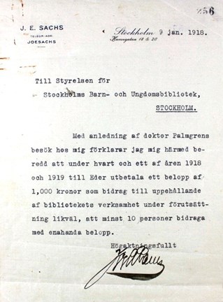 Maskinskrivet brev från Josef Sachs till Styrelsen för Stockholms barn- och ungdomsbibliotek, 1918